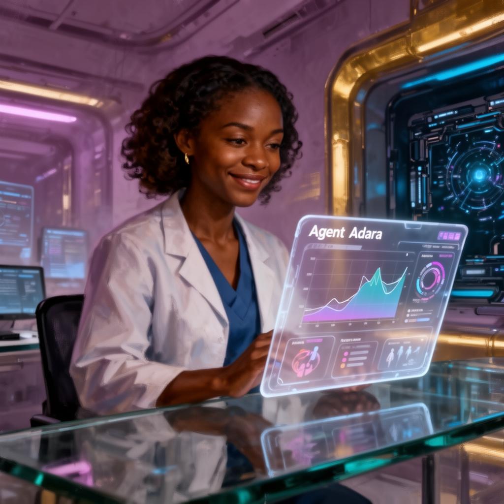 Agent Adara, an AI customer success manager reviewing a holographic patient health dashboard