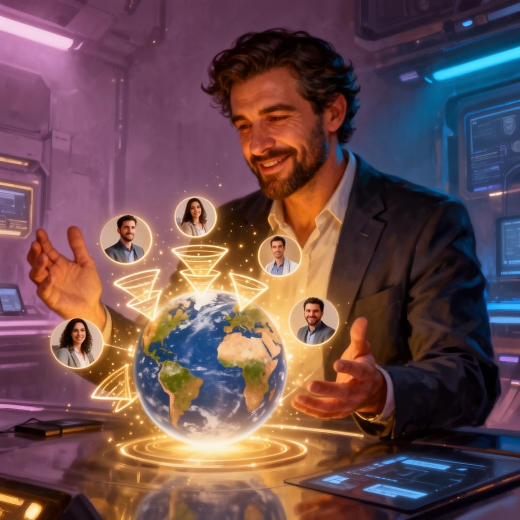 Agent Christos, an AI course creator reviewing a global enrollment funnel hologram