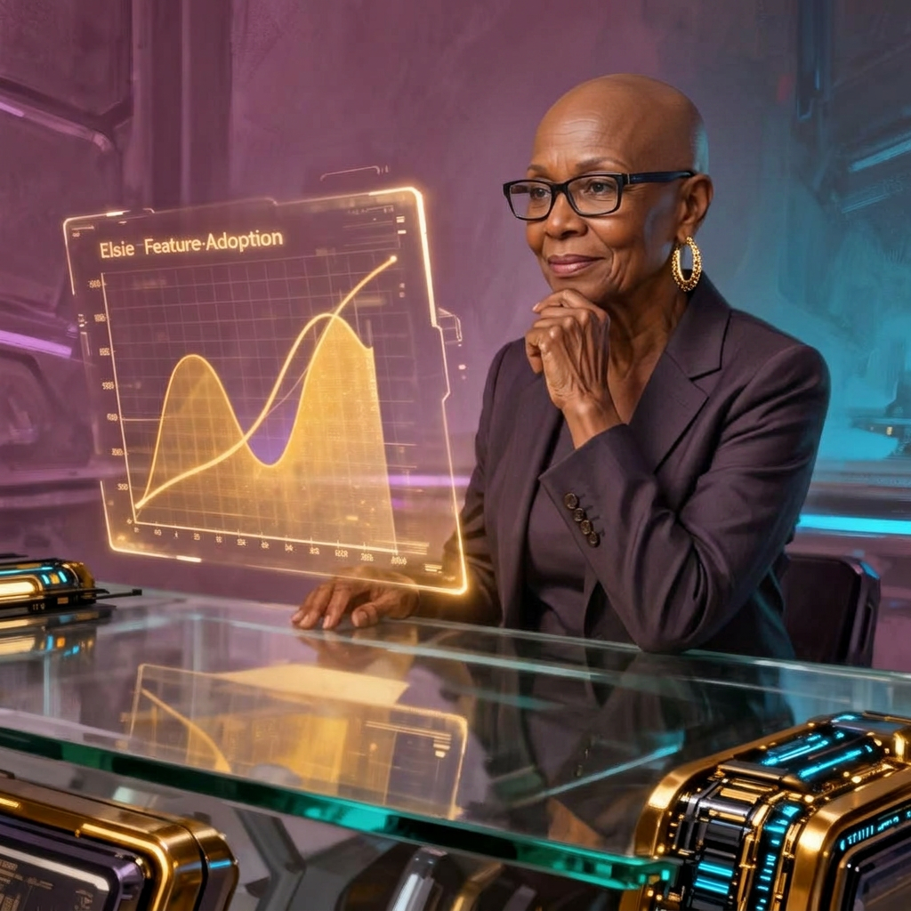 Agent Elsie, an AI product manager studying a holographic feature adoption chart