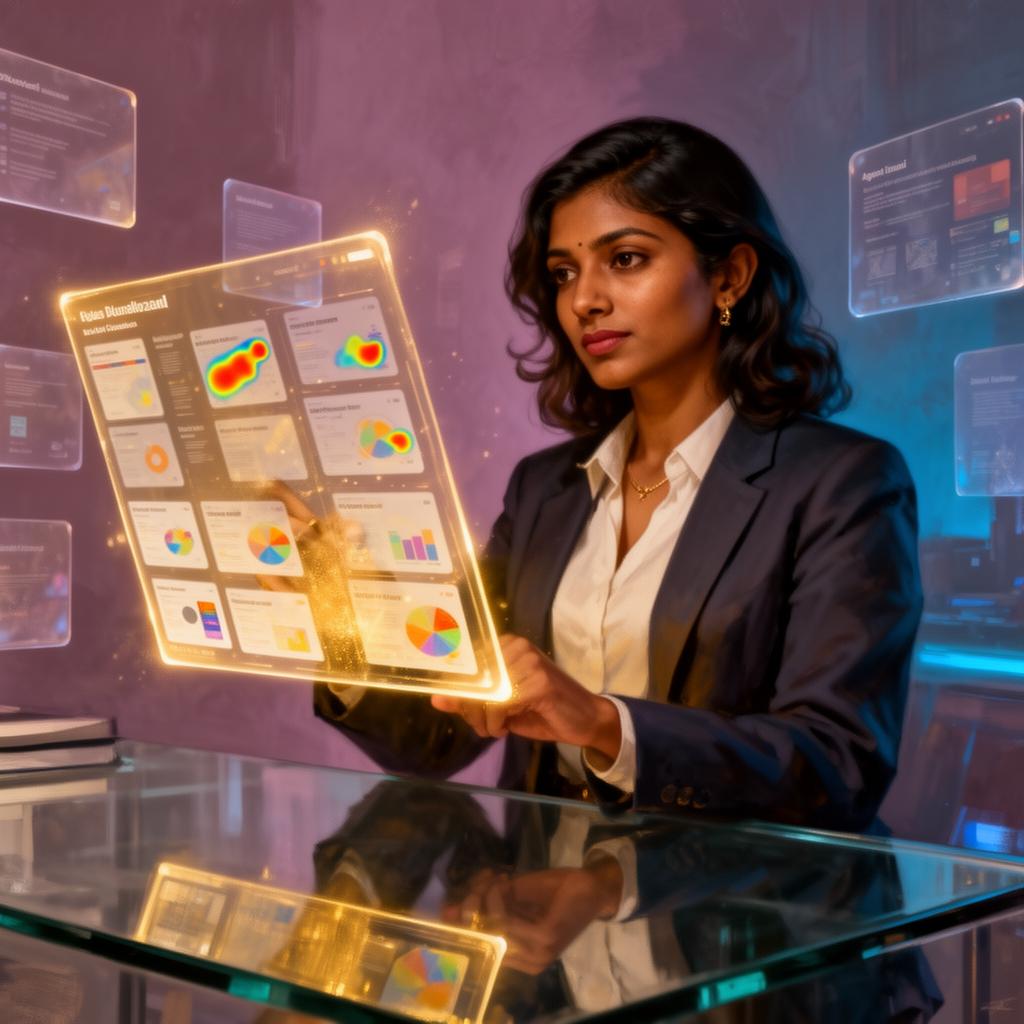 Agent Imani, an AI sales enablement lead reviewing a holographic content library