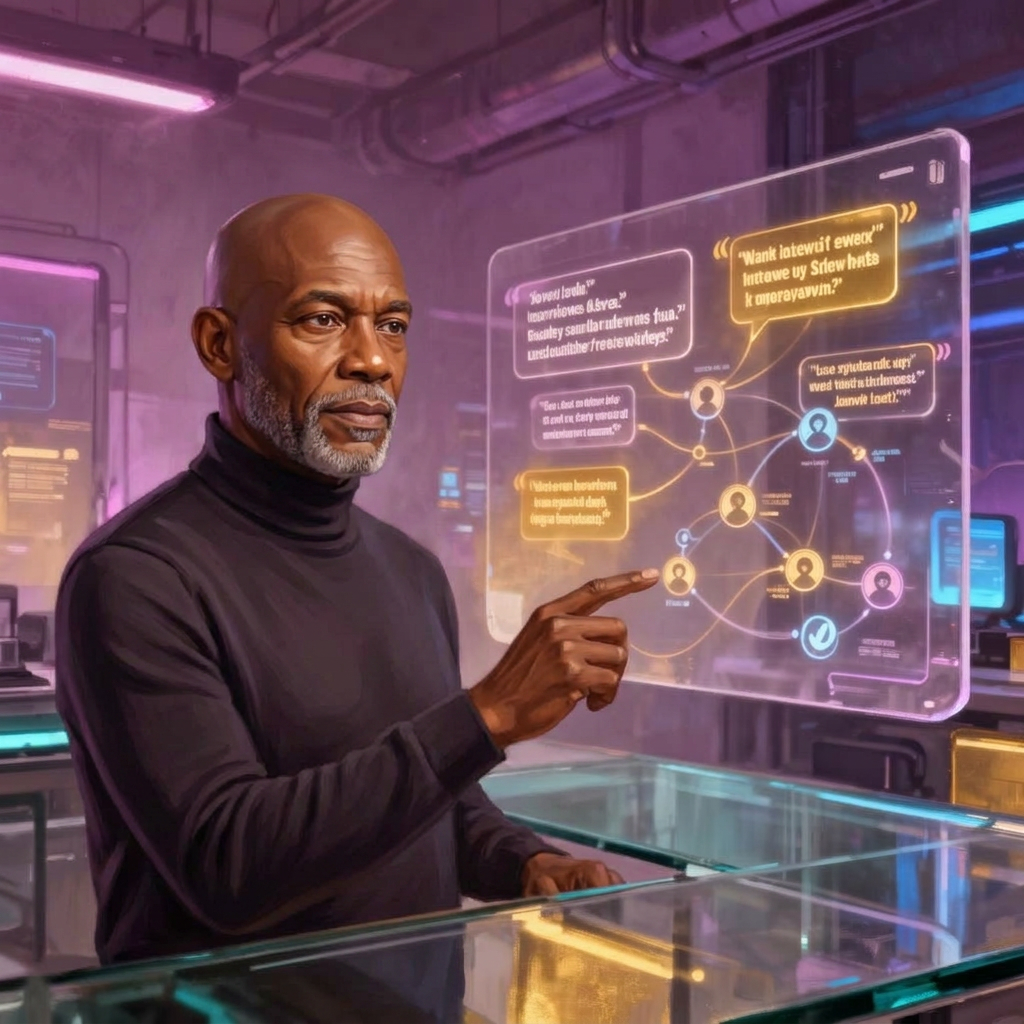Agent Louis, an AI UX researcher synthesizing interview insights on a holographic board