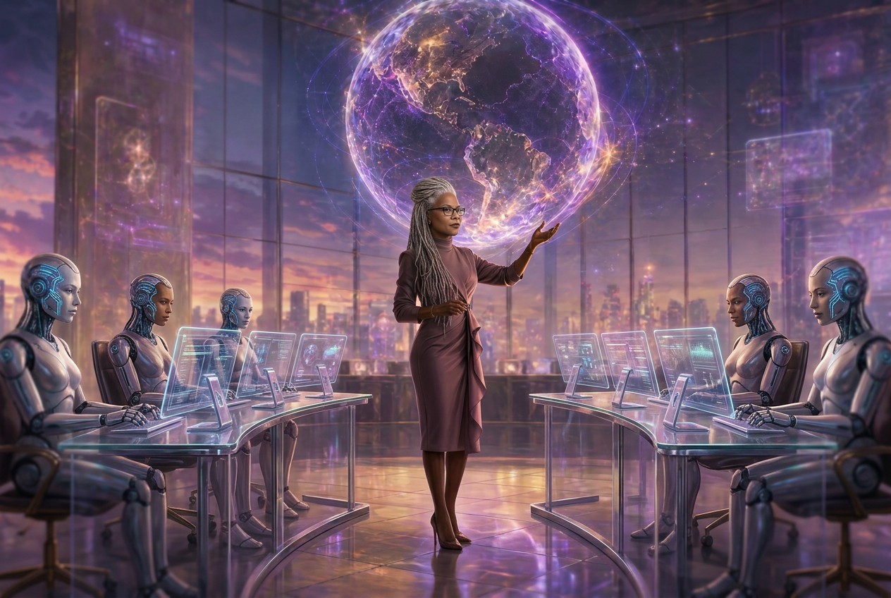 Founder and AI Augmentation Lead, dressed in mauve-taupe, training and deploying a global team of AI agents in front of a holographic world globe